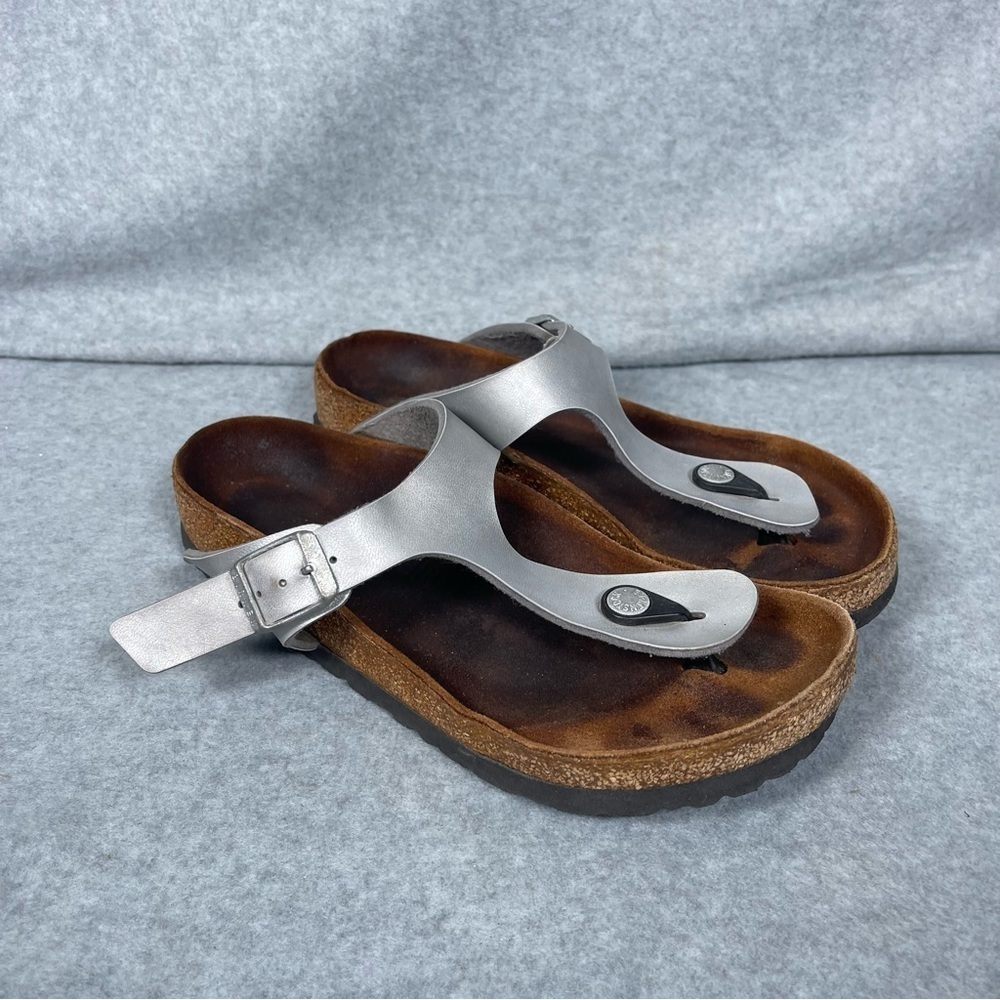 Birkenstock Silver Metallic Gizeh‎ Birko Flor Sandals 37 Women’s Size 6